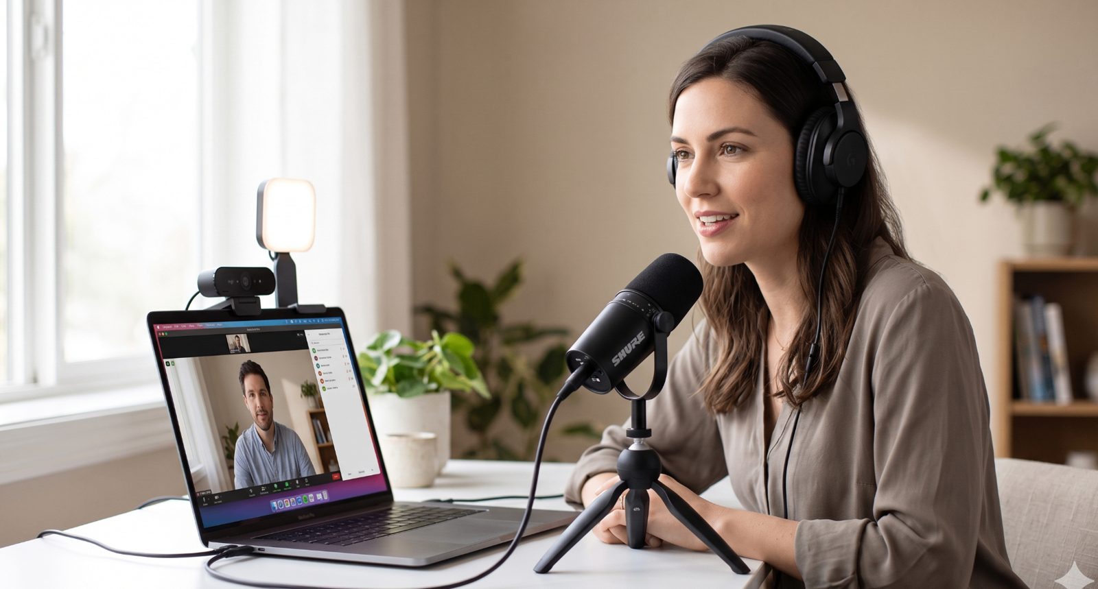 Programledare spelar in remote podcast hemifrån med Shure-mikrofon, Logitech-webbkamera och LED-ljus