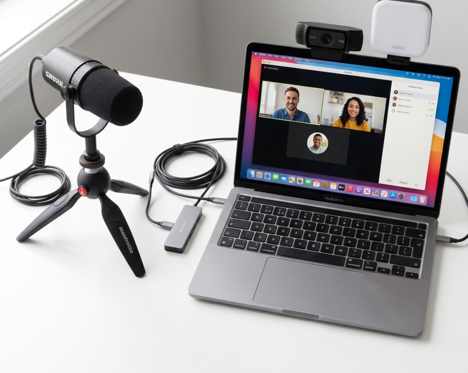 Komplett Podcast Kit på skrivbord — Shure-mikrofon på Manfrotto-stativ, Logitech-webbkamera och LED-ljus kopplat till MacBook Pro