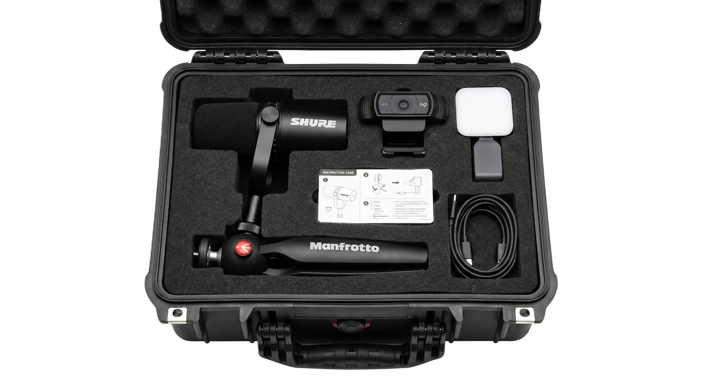 Poddkillarnas Podcast Kit — flightcase med Shure-mikrofon, Logitech-webbkamera, LED-ljus och Manfrotto-stativ